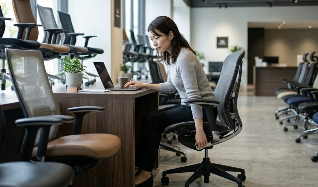 ショールームでオフィスチェアに深く座り、デスクに向かってパソコンを操作する姿勢をとりながら、座面の高さを調整する日本人女性。