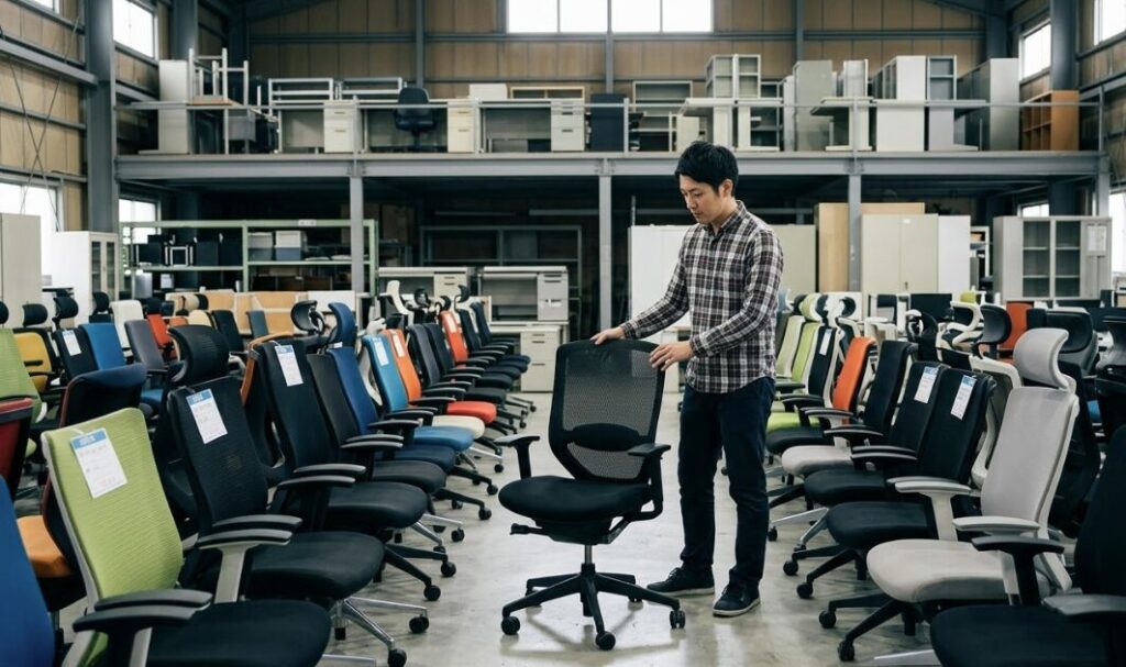 倉庫のような広々とした中古オフィス家具専門店で、状態の良い中古オフィスチェアを真剣に選ぶ日本人男性。