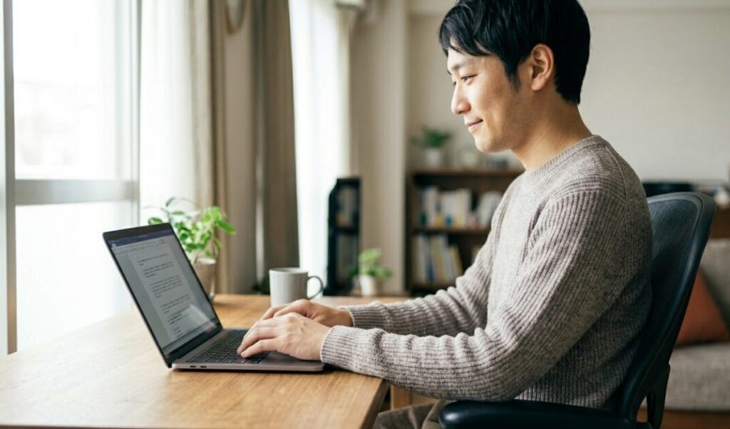 自然光が差し込む明るい自宅のワークスペースで、新しいオフィスチェアに座り、満足げな表情でパソコン作業をする日本人男性。