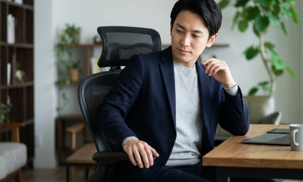 自宅のスタイリッシュな書斎で、高級オフィスチェアに座り、快適さと機能性を確かめる日本人男性。一生モノの椅子を選ぶ重要性を表現。