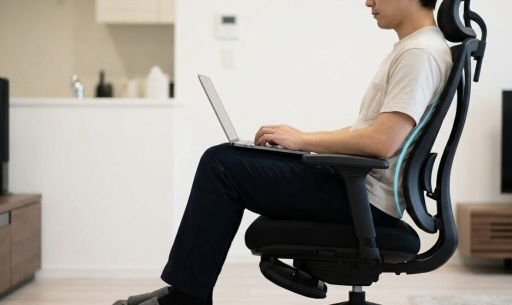 人間工学に基づいたランバーサポートが腰椎を支え、背骨の自然なS字カーブを保つオフィスチェア。理想的な座り姿勢で疲労を軽減。