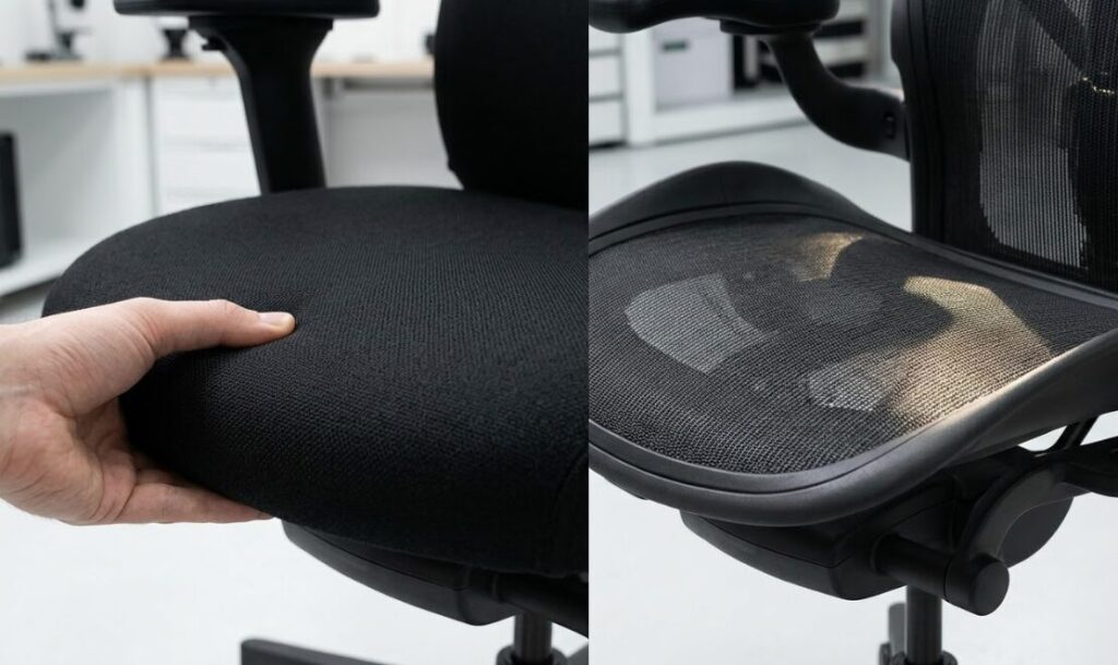 オフィスチェアの座面素材の比較。左側は体圧分散に優れたウレタンフォーム、右側は通気性の高い弾力のあるメッシュ素材。