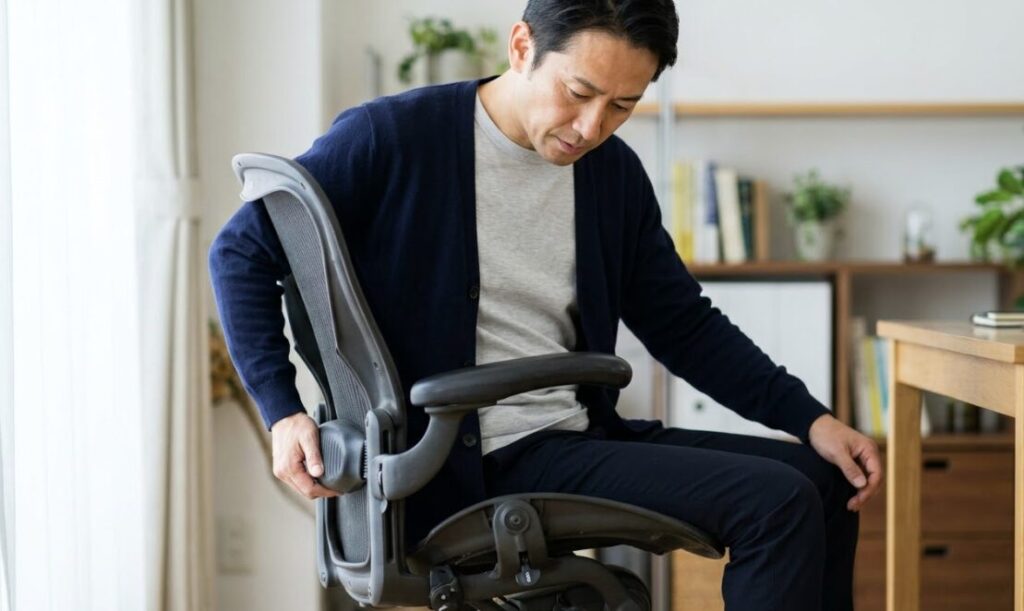 長年愛用されている、耐久性の高い高級オフィスチェア。日本人男性が、その頑丈な構造と長期保証の価値を確かめる様子。