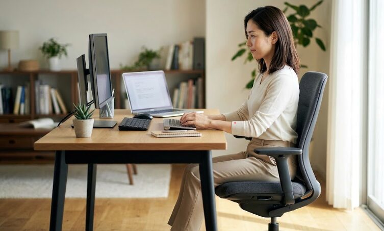 自宅オフィスでコクヨイングチェアに座り、姿勢改善効果を実感しながらPC作業をする日本人女性。背筋が自然に伸び、集中している。
