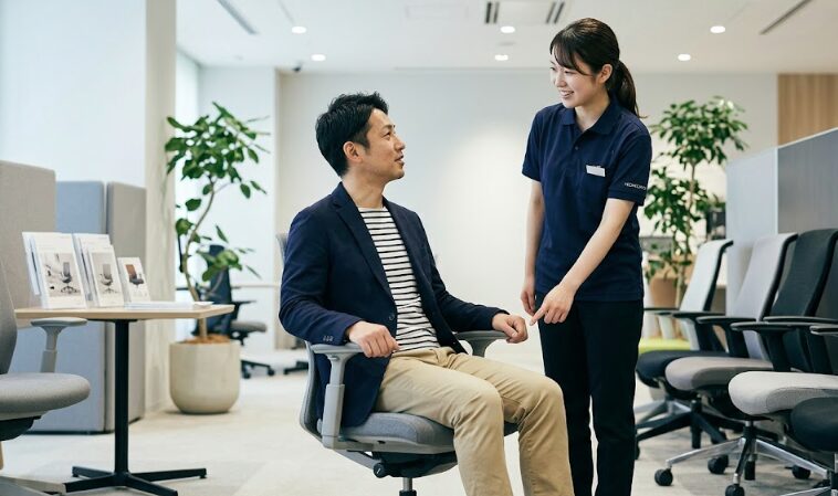 コクヨのショールームで、日本人男性が実際にingチェアに座り、女性スタッフから機能の説明を受けている様子。試座体験。