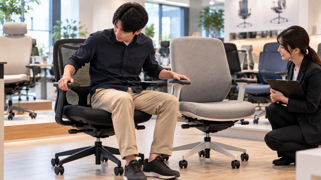 オカムラのショールームで、日本人男性がシルフィーのメッシュ背とクッション背に実際に座り、操作性を比較している様子