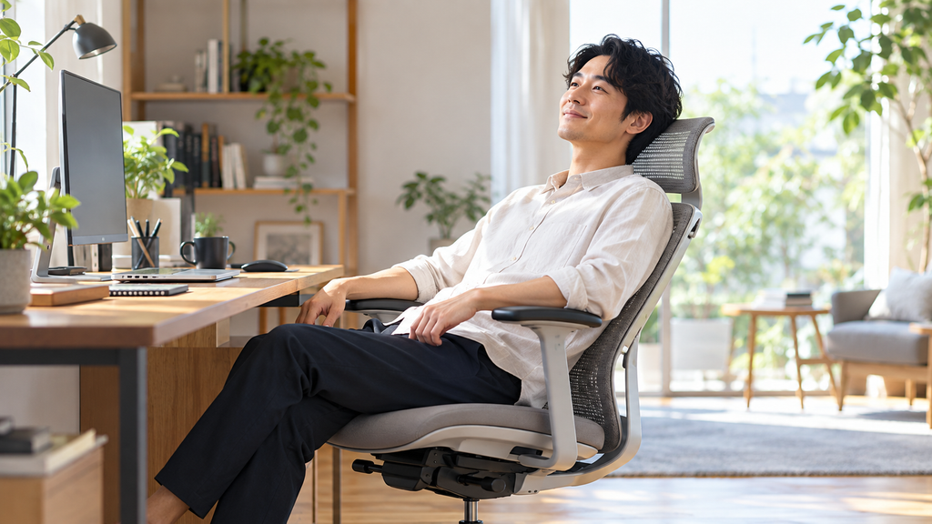 自宅のホームオフィスで、オカムラのシルフィーに座りリラックスして笑顔を見せる日本人男性。
