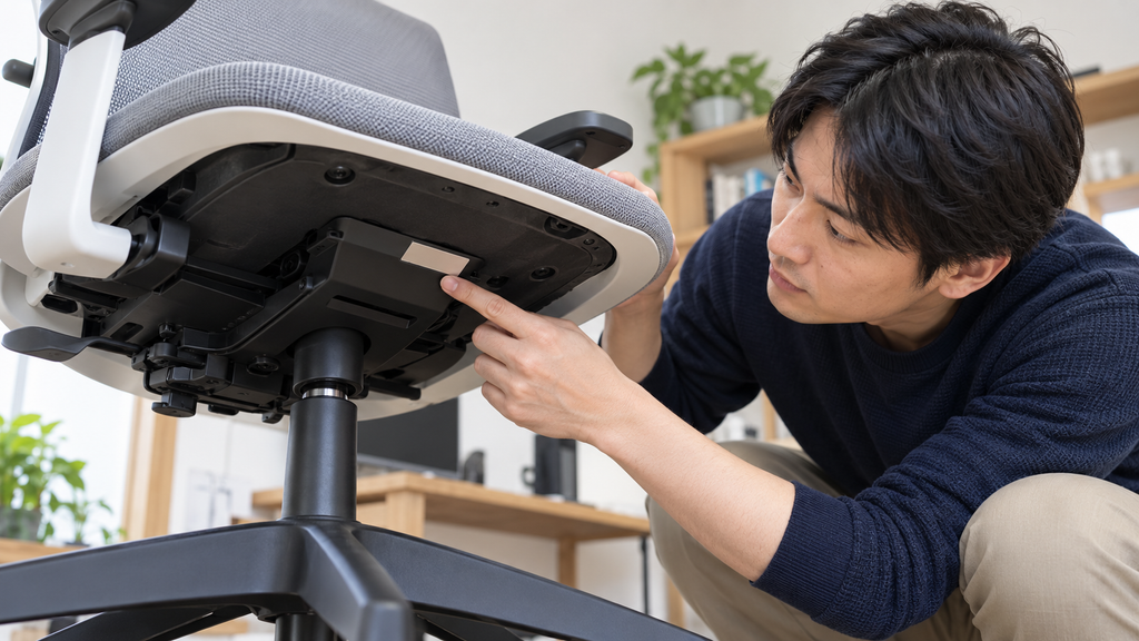 オカムラ シルフィーの座面裏側に貼られた製品コードラベルを手元で確認する日本人男性の様子