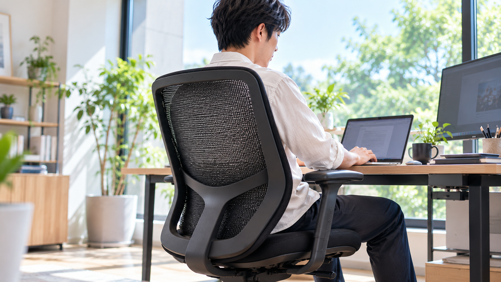 明るいホームオフィスで、日本人男性が黒いメッシュ背のオカムラ「シルフィー」に座り、PC作業に集中している。背もたれの通気性が高く、涼しげで快適な様子。