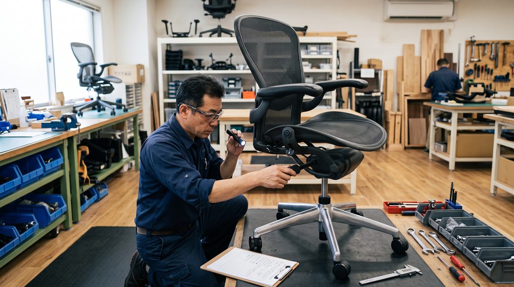 中古のオカムラ シルフィーの型番や機能状態を丁寧に検査・確認する日本の家具検品スタッフ