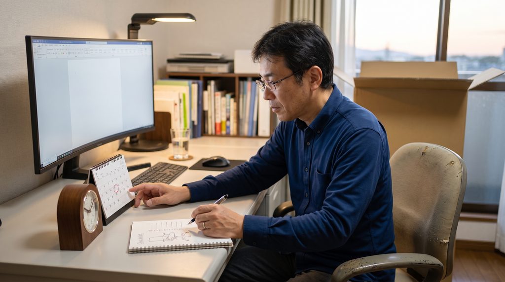 PCデスクで新しいオフィスチェアの到着を待つ日本人男性。カレンダーと時計を気にしている。