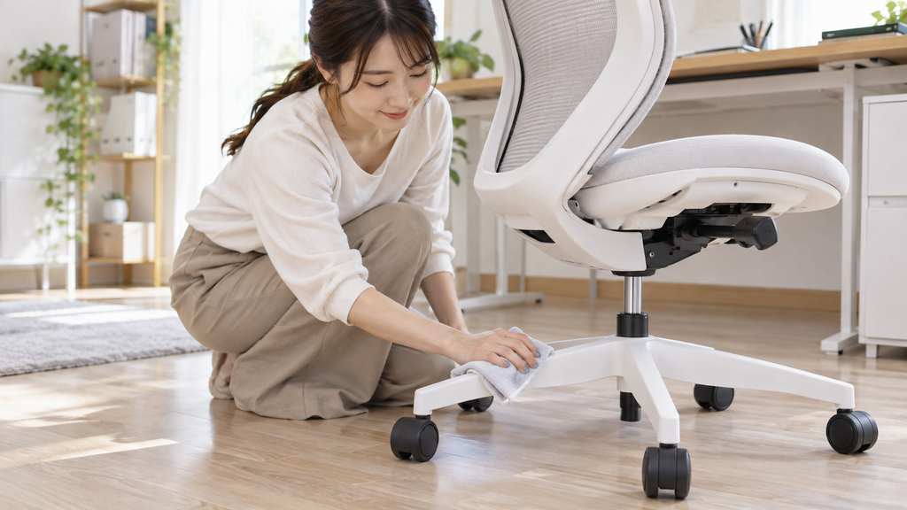 ホワイト樹脂脚のシルフィーの汚れを布で拭き取る日本人女性。防汚仕様をイメージ。