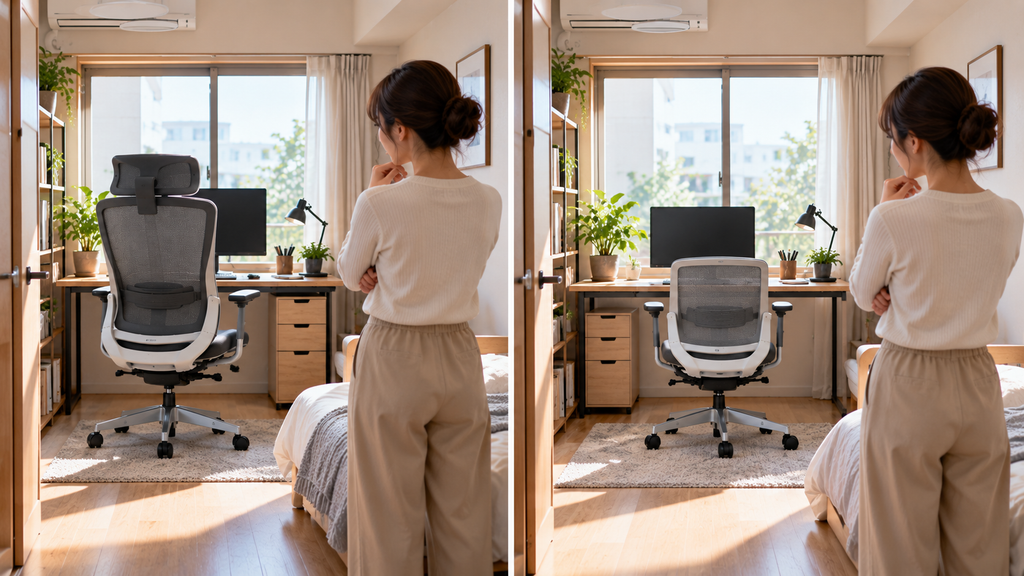 コンパクトな日本の賃貸部屋で、エクストラハイバックのオカムラ・シルフィー(左)とローバックの同チェア(右)が置かれたデスクを見比べ、部屋の広さに対する椅子の存在感を検討する日本人女性。